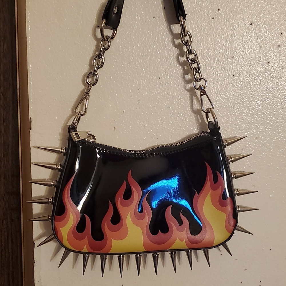 Current Mood flame print spiked bag